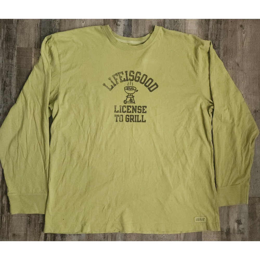 Life is Good Graphic Tee Mens XL Green License to Grill Long Sleeve Cotton Shirt